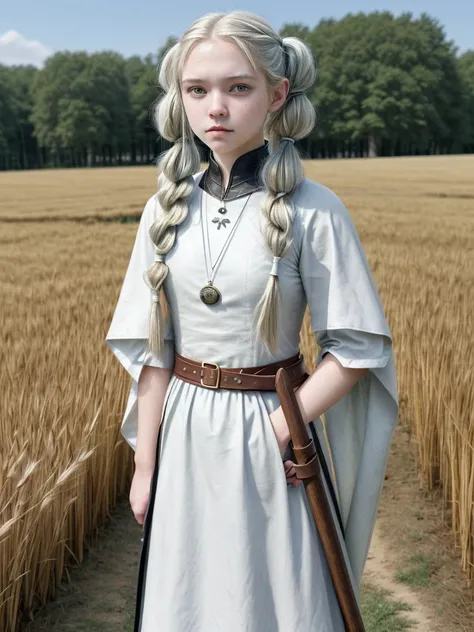 A 16-year-old girl with long, flowing white hair tied in pigtails, and striking white eyes. She is dressed in traditional medieval archer attire, including a leather tunic and a green cloak. She wears arm guards and carries a quiver full of arrows on her b...