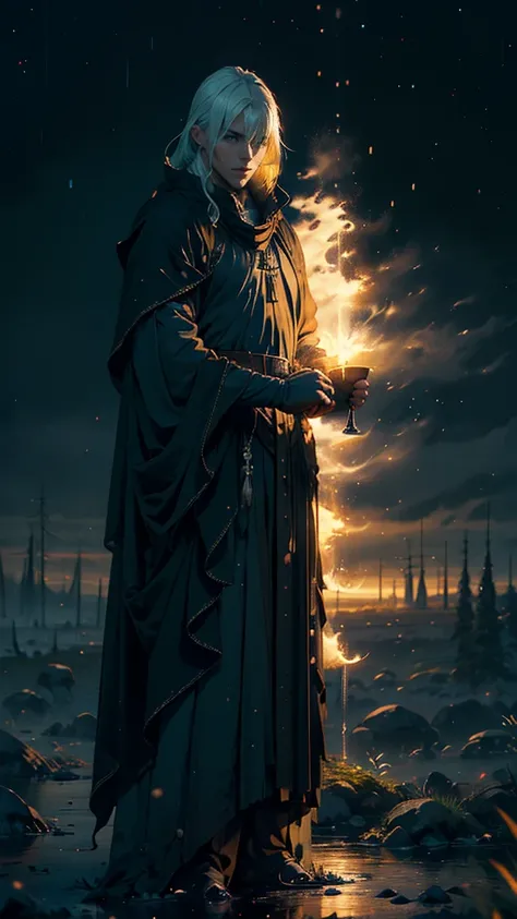 (Best Quality,ultra detailed), artificial raindrops falling, a man standing in the rain, white hair, blue eyes, detailed face(fail),dense ruinscape landscape,majestic and serene nature, shining brightly in the night sky,black medieval outfit, gentle style