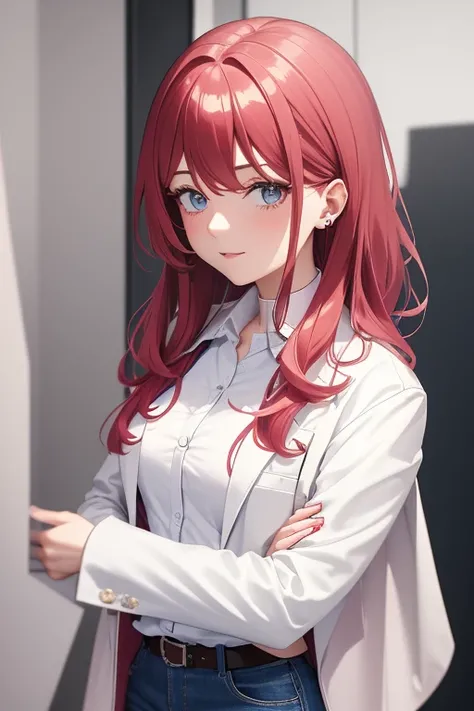 bonibel scientist Beautiful 50-year-old woman with long, wavy red hair with pink highlights, pierced ears, honey-colored eyes, open white doctors coat, blue jeans, white shirt with candy print, black belt, looking directly at the viewer. a white background...