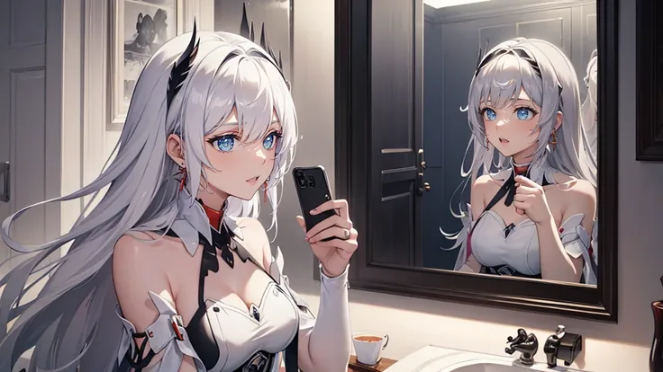 2 girls, selfie in mirror, cute, gray haired long color, purple long hair, hyper detailed, photorealistic, 8k, intricate, delica...