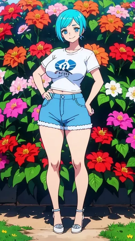 Girl, blue hair, blue eyes, short hair, flowers earrings, freckles, big boobs ,white t shirt, mini shorts, white high heels, thicc, standing smiling.