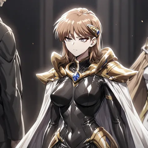 ((Highest quality)), ((masterpiece)), (detailed), （Perfect Face）、The woman is Princess Leona, with medium-long light brown hair, wearing a shiny, flashy, sexy, revealing black dress bodysuit, an open-front skirt, a cape, a headgear, lipstick and makeup, an...