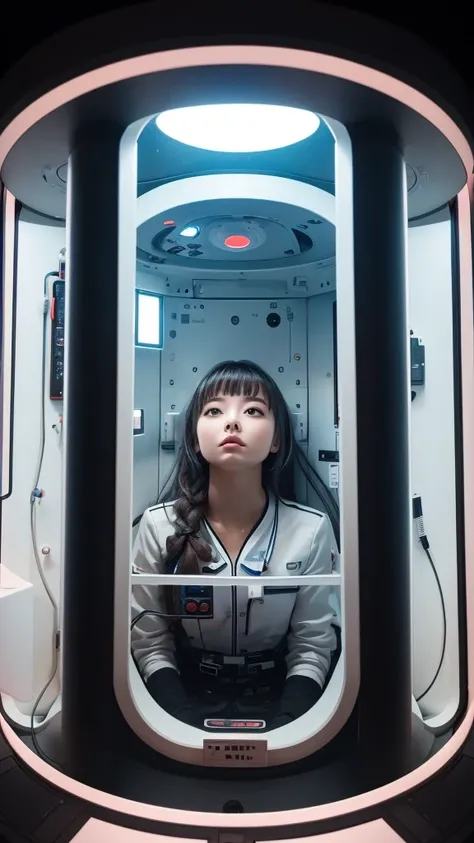 Here is the English translation:

"Trapped inside a capsule.
The inside of the capsule has various switches and buttons.
A capsule that looks like a futuristic life support device.
There is a girl inside the capsule.
The girl is looking up.
I am looking do...