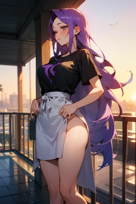 sexy 20 year old woman with long purple hair, is only wearing a shirt (T-shirt) vermelha, big it even looks like a dress, she is not wearing any underwear.  on the balcony watching the sunrise