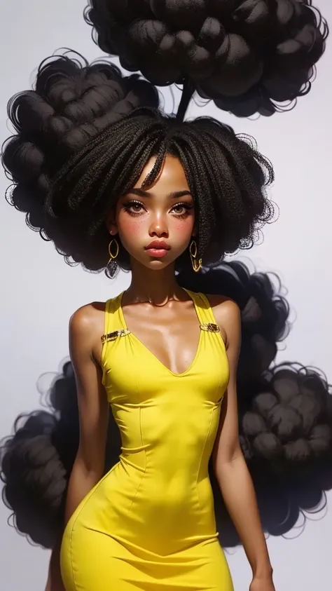 dark brown skin girl,16 years old, huge gorgeous afro hair and big eyes, wearing a yellow dress and Developer, soft expression. semi realistic. flat figure