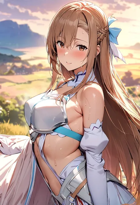 ((masterpiece)), highest quality, very detailed,(one girl),yuki asuna、asuna (stay), brown eyes, bare shoulders, breastplate, arm...