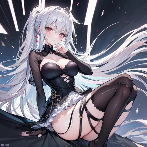 1个Giant Breast Girl！Ray traching，Best shadow，A high resolution（dim murky lights）detailedbackground（liveroom）Fluffy silver hair，plump and slender girl，With a high ponytail, Avoid golden eyes in the ominous living room（Girl wears white shirt，Black wrinkled s...