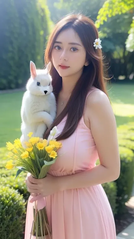 Detail, realism, 4k, 15-year-old girl, face detail, large yellow eyes, plump lips, upturned nose, gray hair with pink strands, in a white dress, with a rabbit in her hands, flowers in the background, white butterflies in the foreground, realistic shooting,...