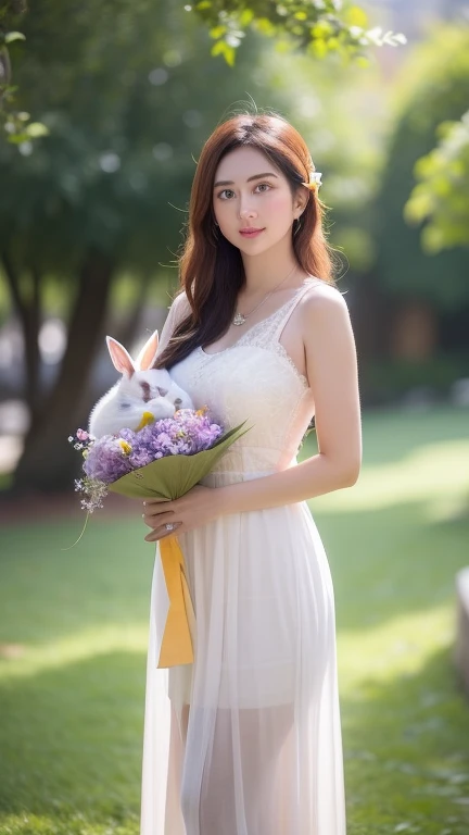 Detail, realism, 4k, 15-year-old girl, face detail, large yellow eyes, plump lips, upturned nose, gray hair with pink strands, in a white dress, with a rabbit in her hands, flowers in the background, white butterflies in the foreground, realistic shooting,...