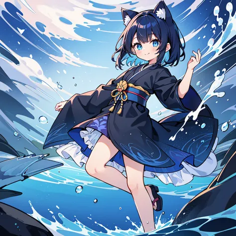 1 girl, masterpiece, highest quality, high definition, 8K, anime style, dark blue hair, cat ears, medium hair, blue eyes, smile, knee-length black kimono with blue pattern, 15 years old, cute , delicate, dancing, water droplet effect, high quality, 8K