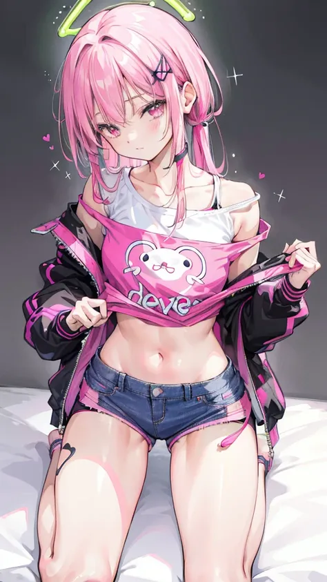 ((best quality,4K,high resolution,masterpiece:1.2)), (whole body:1.2), (Young Girls),(((Love Hotels)))、Contempt、 、Pink and black hoodie、1 Girl, Black Hair, long hair, Sleep, Light Particles, wallpaper, Extra short hot pants，A young girl lies flat on the be...