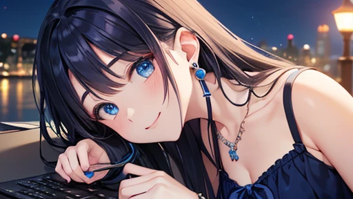 Highest quality、Highest quality、masterpiece、(8K),beauty(Age 25)、Navy blue long hair、blue eyes、smile、blue necklace、Blue Earrings、background(Night view)、Tie your hair with a checked ribbon、bracelet、Looking at a computer、