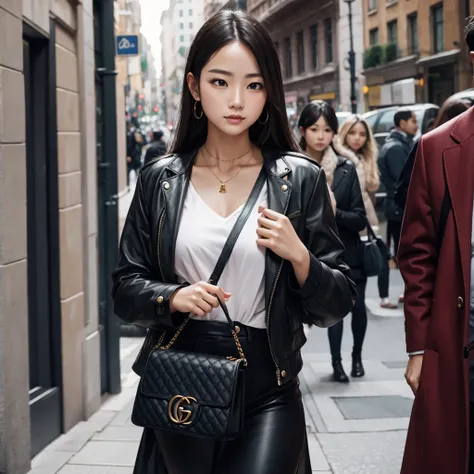 A beautiful girl holding a Gucci bag