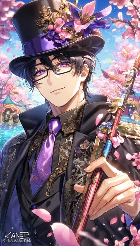 Ultra detailed, highres, absurdres, HDR, master piece, Hirato, black hair, hair is parted to the left which sticks out at the ends, expressive violet eyes, Karneval, fantasy, pink petals, water, pink flowers, handsome, sexy man, solo, best quality, blossom...