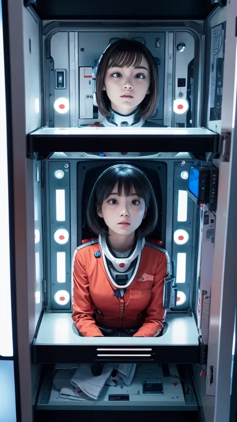 Here is the English translation:

"Trapped inside a capsule.
The inside of the capsule has various switches and buttons.
A capsule that looks like a futuristic life support device.
There is a girl inside the capsule.
The girl is looking up.
I am looking do...