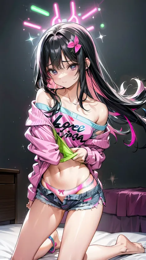 ((best quality,4K,high resolution,masterpiece:1.2)), (whole body:1.2), (Young Girls),(((Love Hotels)))、Contempt、 、Pink and black hoodie、1 Girl, Black Hair, long hair, Sleep, Light Particles, wallpaper, Extra short hot pants，A young girl lies flat on the be...