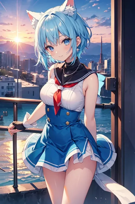 Blue Hair　blue eyes　short hair　Have　student　Cat ear　nice　Blue Earrings　necklace　gloves　beauty　thin　Sailor suit　Fantasy　smile　coastal　sunset　Fluffy hair