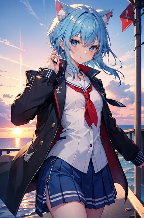 Blue Hair　blue eyes　short hair　Have　student　Cat ear　nice　Blue Earrings　necklace　gloves　beauty　thin　Sailor suit　Fantasy　smile　coastal　sunset　Fluffy hair