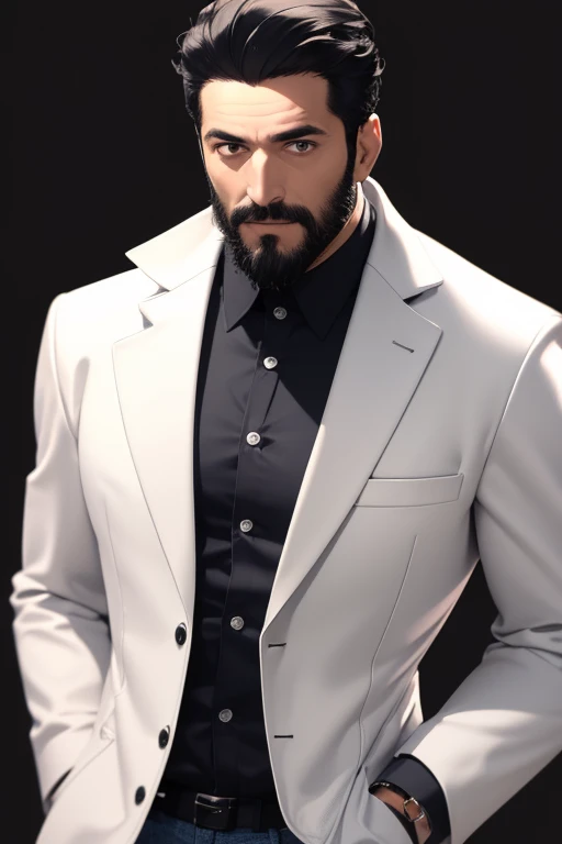 Handsome scientist 40 year old man, short black hair with black beard, dark gray eyes, open white scientists coat, blue jeans, black shirt, black belt, looking directly at viewer. a white background.