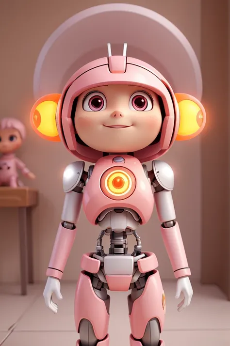 Create the image of a light pink and orange robot with silver accents and a friendly countenance