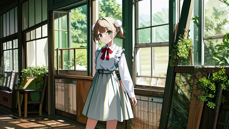 masterpiece, Highest quality, High resolution, ui3, One girl, alone, Green Eyes, Pom-pom (Clothes), Apron dress, White shirt, White socks, Long sleeve, Dilapidated, short hair, belt, Red bow tie, bangs, , 青いClothes, Collared shirt, Cowboy Shot,