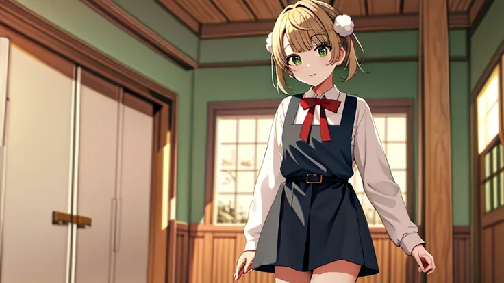 masterpiece, Highest quality, High resolution, ui3, One girl, alone, Green Eyes, Pom-pom (Clothes), Apron dress, White shirt, White socks, Long sleeve, Dilapidated, short hair, belt, Red bow tie, bangs, , 青いClothes, Collared shirt, Cowboy Shot,