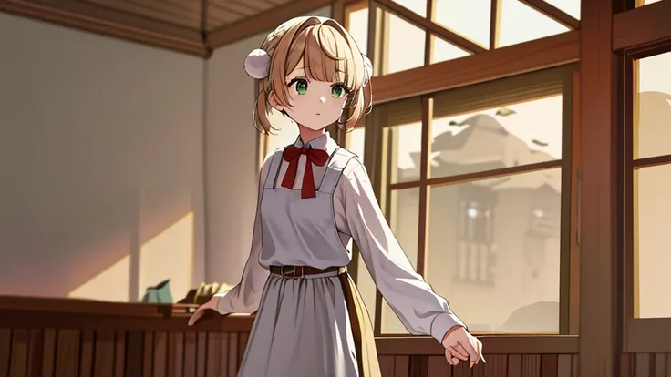 masterpiece, Highest quality, High resolution, ui3, One girl, alone, Green Eyes, Pom-pom (Clothes), Apron dress, White shirt, White socks, Long sleeve, Dilapidated, short hair, belt, Red bow tie, bangs, , 青いClothes, Collared shirt, Cowboy Shot,