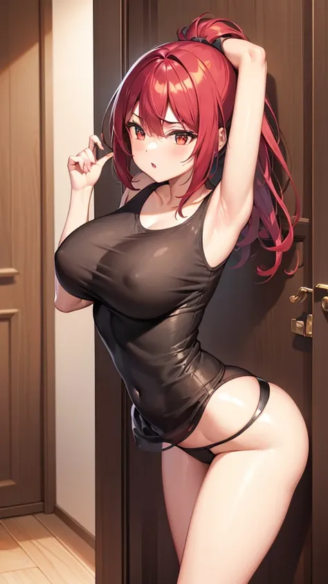 1girl, underwear, tight shirt, lingerie, big chest, long torso, red hair, ponytail, shiny skin, cupboard stretching upwards