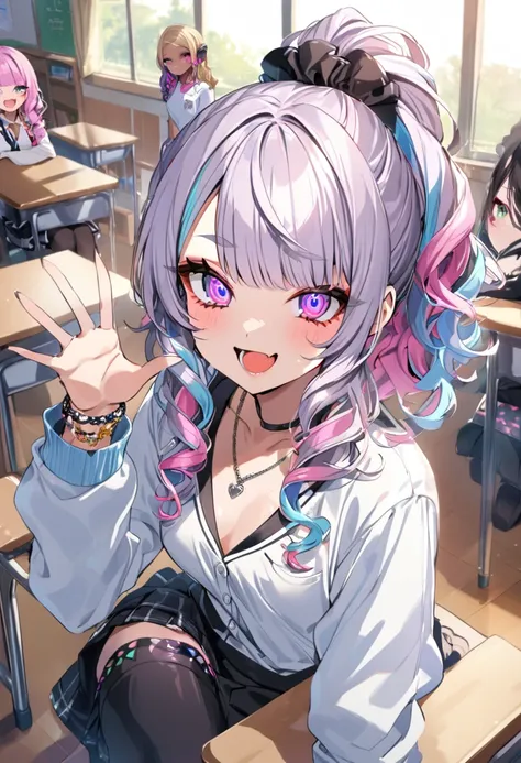 (3girls sitting, harajuku, kawaii, gyaru, small breasts, school classroom, :1.4),(high detailed eyes, eye lashes, mascara, evil smile, :D, shiny skin, fullbody:1.2), (bracelet, jewelry, necklace, various color hair:1.3), {short black bob hair|bung hair|low...