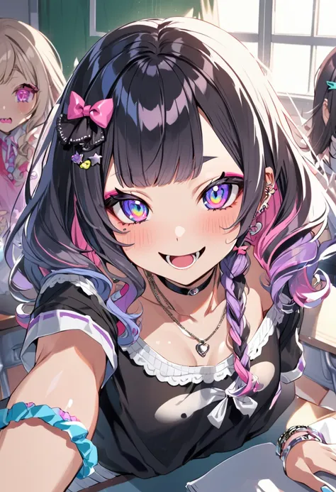 (3girls sitting, harajuku, kawaii, gyaru, small breasts, school classroom, :1.4),(high detailed eyes, eye lashes, mascara, evil smile, :D, shiny skin, fullbody:1.2), (bracelet, jewelry, necklace, various color hair:1.3), {short black bob hair|bung hair|low...