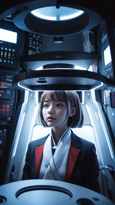 Here is the English translation:

"Trapped inside a capsule.
The inside of the capsule has various switches and buttons.
A capsule that looks like a futuristic life support device.
There is a girl inside the capsule.
The girl is looking up.
I am looking do...