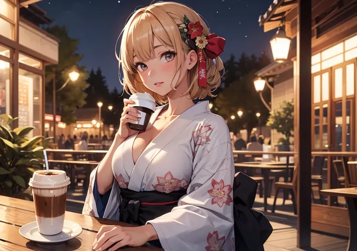 ((Highest quality)), ((masterpiece)), (detailed), One girl, yukata, Drink coffee, night,indoor, Perfect Fingers, Large Breasts