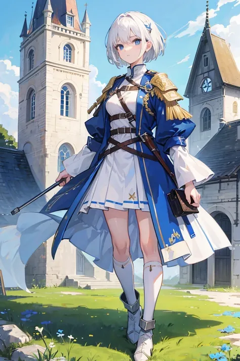 1girl, white hair, short hair, blue eyes, , adventurer, white and blue military uniform, pleated skirt, full body, standing, upright, medieval setting, small village, wooden buildings, grass, dirt, good proportions, detailed face, looking towards the viewe...