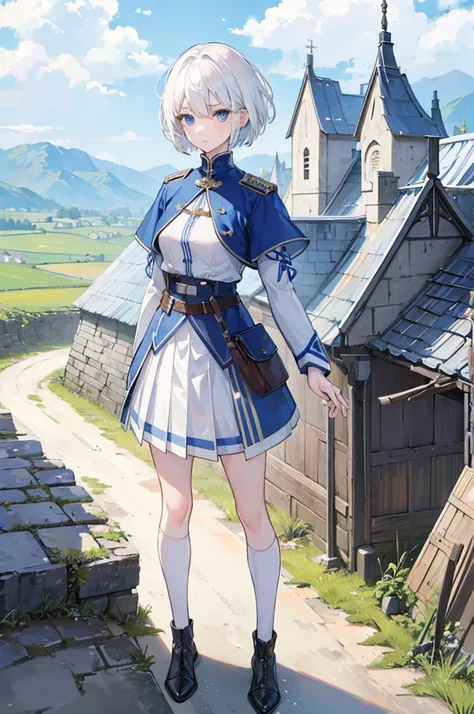 1girl, white hair, short hair, blue eyes, , adventurer, white and blue military uniform, pleated skirt, full body, standing, upright, medieval setting, small village, wooden buildings, grass, dirt, good proportions, detailed face, looking towards the viewe...