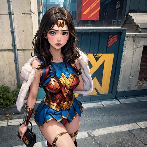 Wonder Woman very embarrassed in the street. Shes defeated and have scratches. her costume is torn. we see a nude breast through a tear in her costume and her panties through her tattered skirt.