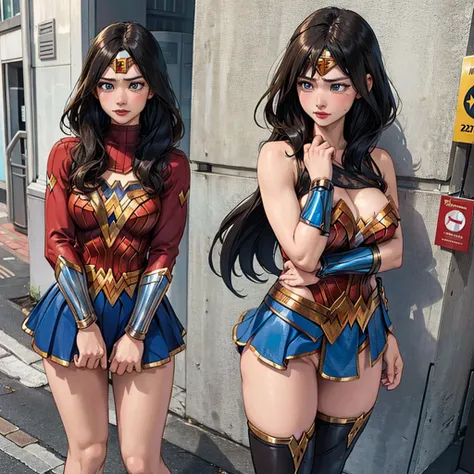 Wonder Woman very embarrassed in the street. Shes defeated and have scratches. her costume is torn. we see a nude breast through a tear in her costume and her panties through her tattered skirt.