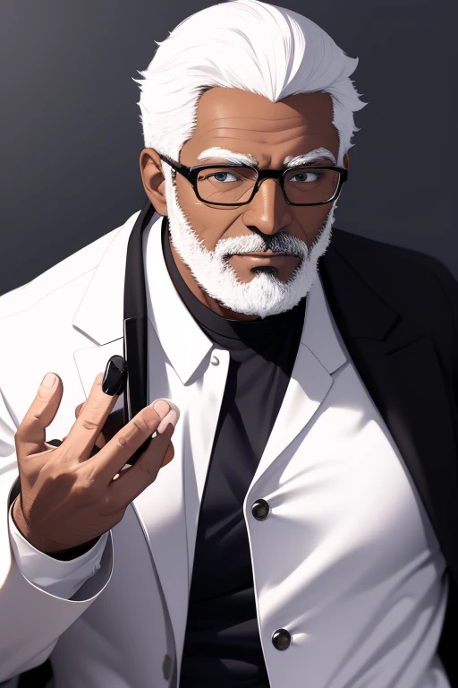 Handsome 40 year old scientist, short white hair with black beard, dark skin, black eyes, scientists glasses, open white scientist coat, blue jeans, black shirt, black belt, looking directly at the viewer. a white background.