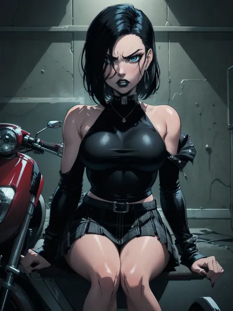 a woman with medium black hair, hair on shoulders,  wearing plaid skirt, black jacket,  blue eyes, gothic art, cute aesthetic with vibe, toon aesthetic, wearing gothic accessories, look like Cassie Hack, upper body, angry,  sitting on the motocicle, garage...