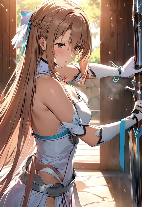 ((masterpiece)), Highest quality, Very detailed,(One Girl),Yuki Asuna、Asuna (stay), brown eyes, bare shoulders, breastplate, armor, detached sleeves, gloves, white gloves, dress, (red and white dress), Long Hair, Beautiful background ,Clothing,  chest, (((...