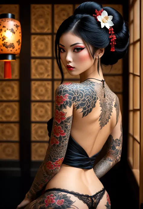 Create a hyper detailed photograph of a tattooed young sexy Geisha, Stunningly perfect gorgeous face, perfect makeup, detailed vibrant eyes, long hair, beautiful sexy legs, beautiful sexy arms, big back , detailed silky smooth skin, big breast, perfect ass...