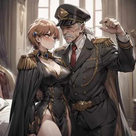 ((Highest quality)), ((masterpiece)), (detailed), （Perfect Face）、The woman is Princess Leona, with medium-long light brown hair, wearing a sexy black military uniform and cap, and is in a luxurious room being held by a strong, dignified, and powerful old m...