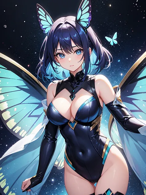 Woman with dark blue hair, butterfly wings, galaxy rainbow, leotard