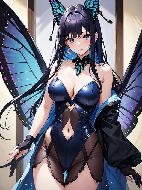 Woman with dark blue hair, butterfly wings, galaxy rainbow, leotard