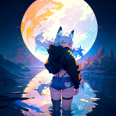 a cute adult male with wolf ears, long white hair, long locks, has a wolf tail, wearing a loose cropped black hoodie, wearing a pair of denim short shorts and fishnet stockings, thick thighs, wide hips, relaxing on mound of fluffy multi colored kawaii plus...