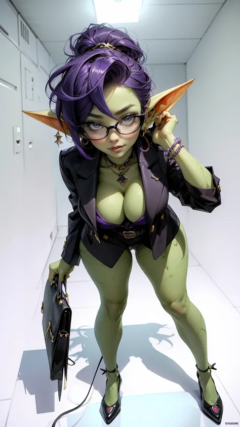 ((best quality)), ((masterpiece)), (detailed), goblin girl, (green skin), purple hair, glasses, cleavage, sexy, romantic lighting, full body, standing in front of a white background, posing for picture, simple background, front pov, low pov, posing for por...