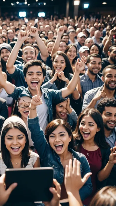 A large group of people happy because of technology 