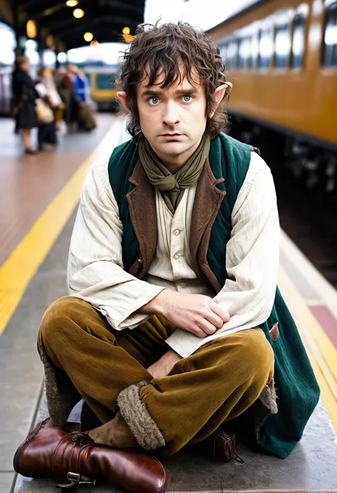 Image of a hobbit with typical hobbit clothing. He is at a train station waiting. he is sitting. His expression is bored