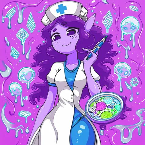 Slime Girl with violet skin and dressed in a nurses outfit stamping out bacteria to make the world abacterial in gel pen art style