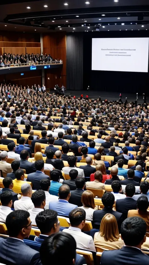 A large group of people happy because of technology with two successful giving speech 