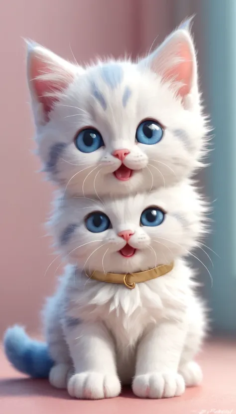 an adorable cartoon-style kitten sitting in a cute pose. The kitten has a fluffy blue and white fur pattern with large, expressive blue eyes and a happy, open-mouthed smile. The kittens ears are pointed and slightly pink on the inside. It wears an red coll...